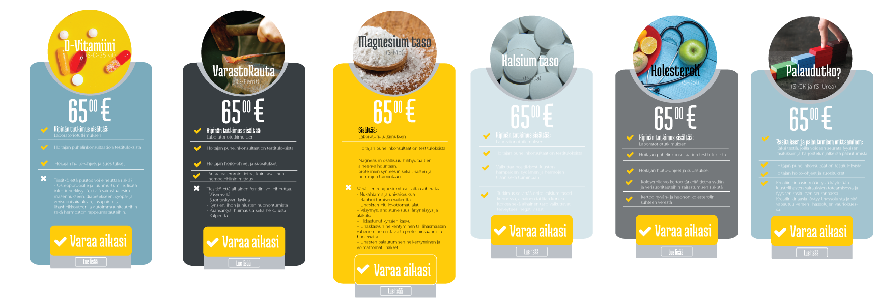 Mira Tevajärvi (Teva Design) suunnitteli Kipinä Terveyden asiakaslähtöiset laboratoriotutkimuspaketit. Selkeät visuaaliset materiaalit tukevat asiakkaiden valintaa ja markkinointia.