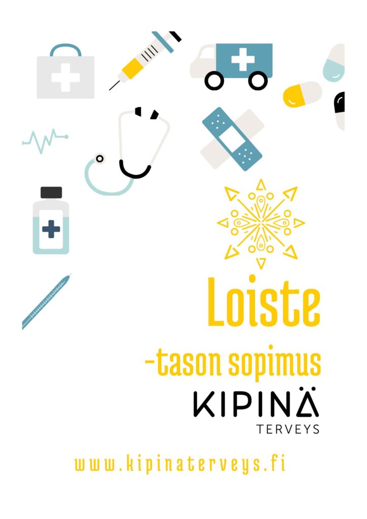 Mira Tevajärvi (Teva Design) suunnitteli Kipinä Terveyden asiakaslähtöiset työterveyspalvelupaketit, infograafit ja sopimuspohjat. Erottuva ja selkeä visuaalinen ilme tukee asiakkaita valinnoissa.