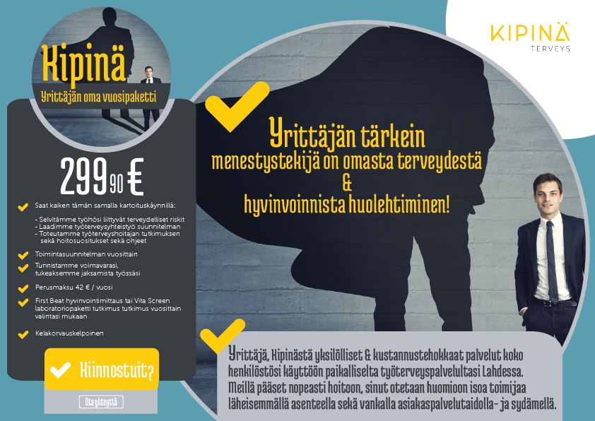 Mira Tevajärvi (Teva Design) suunnitteli Kipinä Terveyden asiakaslähtöiset työterveyspalvelupaketit, infograafit ja sopimuspohjat. Erottuva ja selkeä visuaalinen ilme tukee asiakkaita valinnoissa.