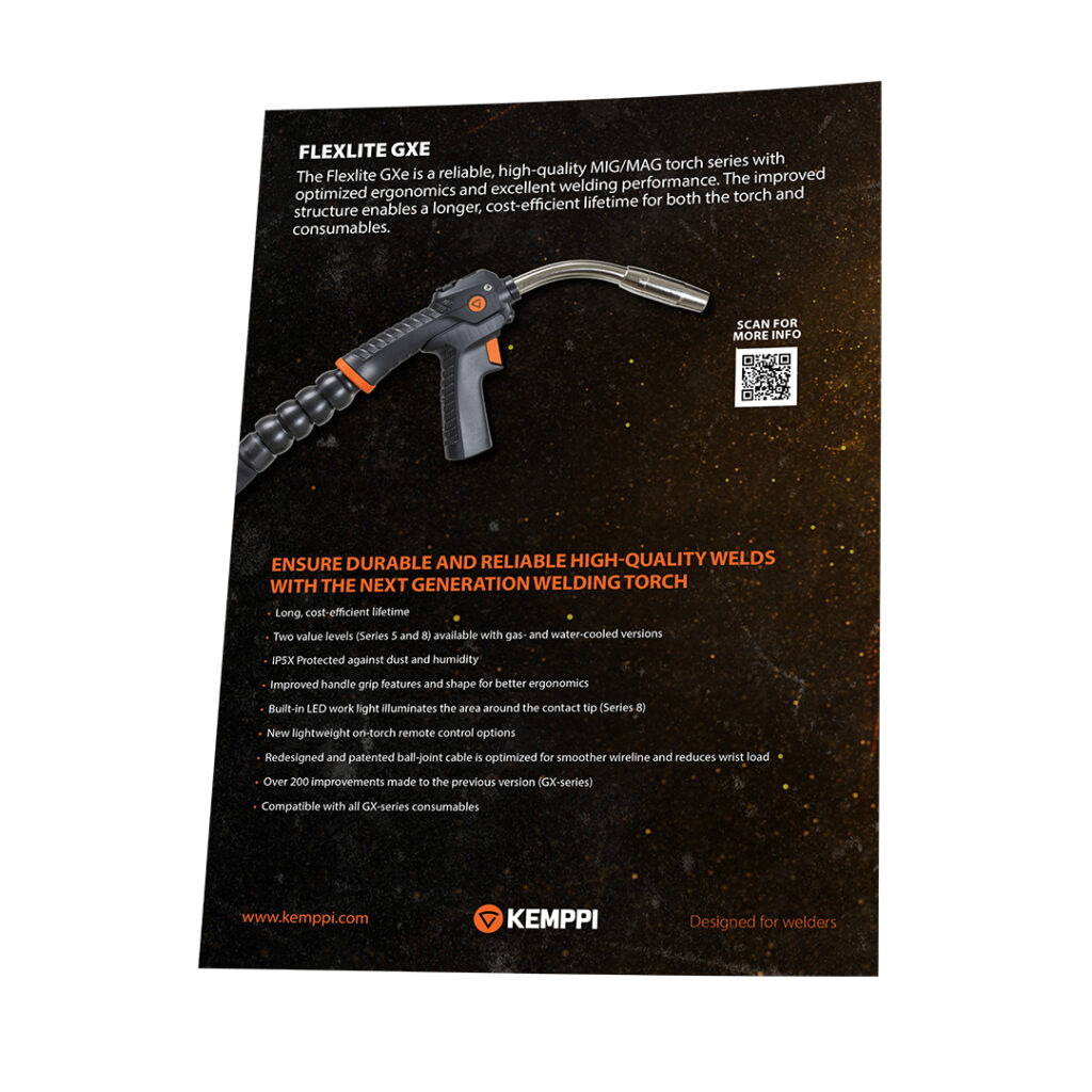 Mira Tevajärvi (Teva Design) suunnitteli Kemppi Flexlite GXe ja Zeta Fresh Air -esitteet. One-pager-konsepti tiivisti tuotetiedot visuaalisesti houkuttelevaan formaattiin, joka tuki kansainvälistä myyntiä.