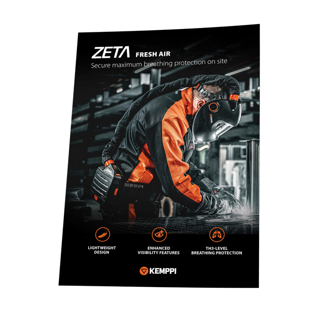 Mira Tevajärvi (Teva Design) suunnitteli Kemppi Flexlite GXe ja Zeta Fresh Air -esitteet. One-pager-konsepti tiivisti tuotetiedot visuaalisesti houkuttelevaan formaattiin, joka tuki kansainvälistä myyntiä.