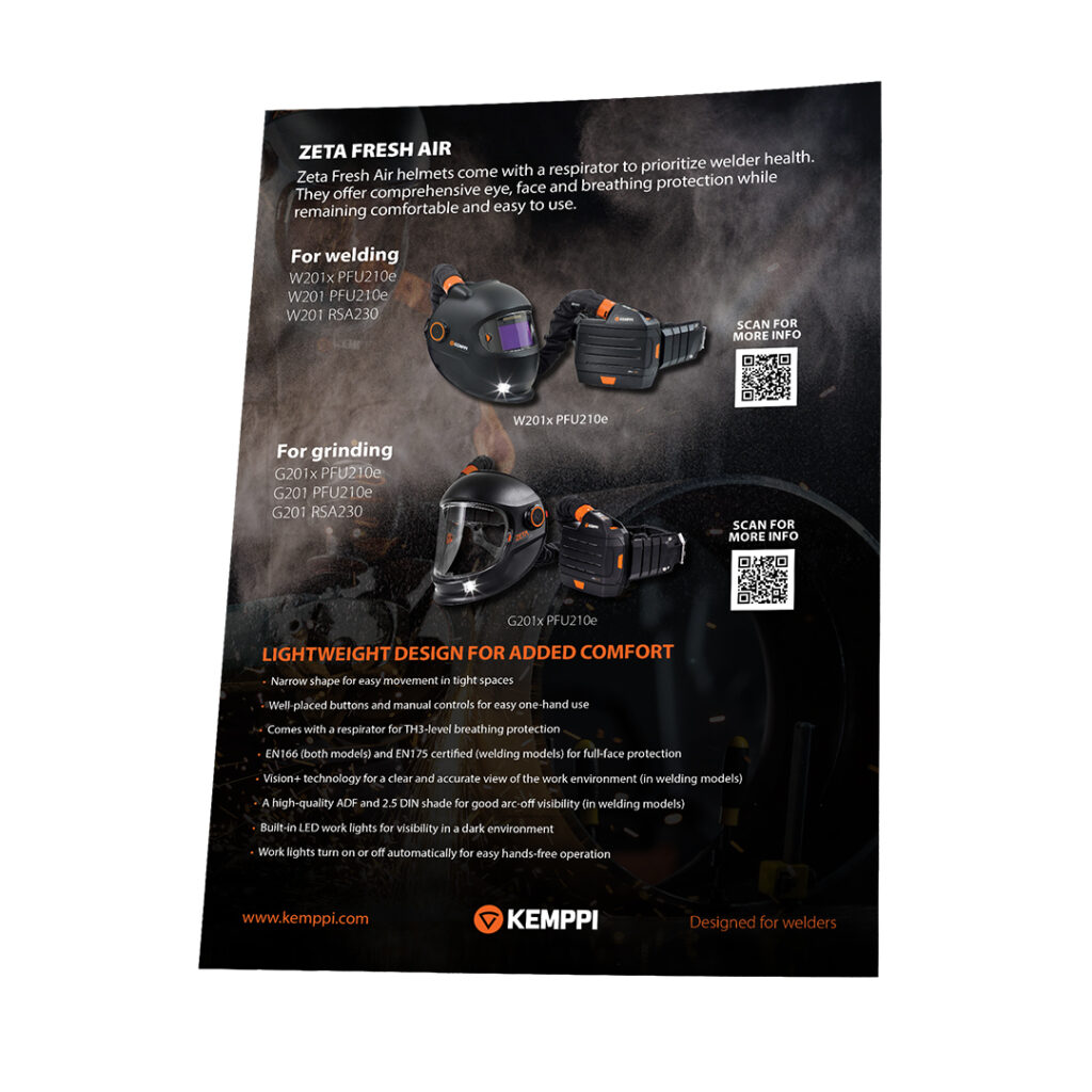 Mira Tevajärvi (Teva Design) suunnitteli Kemppi Flexlite GXe ja Zeta Fresh Air -esitteet. One-pager-konsepti tiivisti tuotetiedot visuaalisesti houkuttelevaan formaattiin, joka tuki kansainvälistä myyntiä.